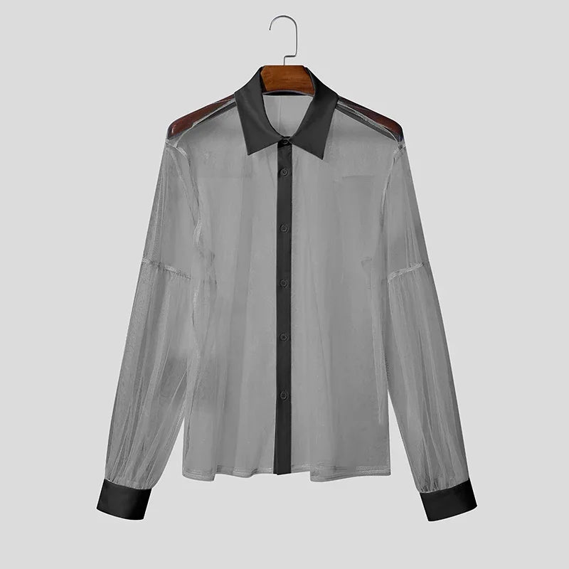 Men's Mesh Patchwork Long Sleeve Shirt - See-Through Sheer Party Streetwear Top