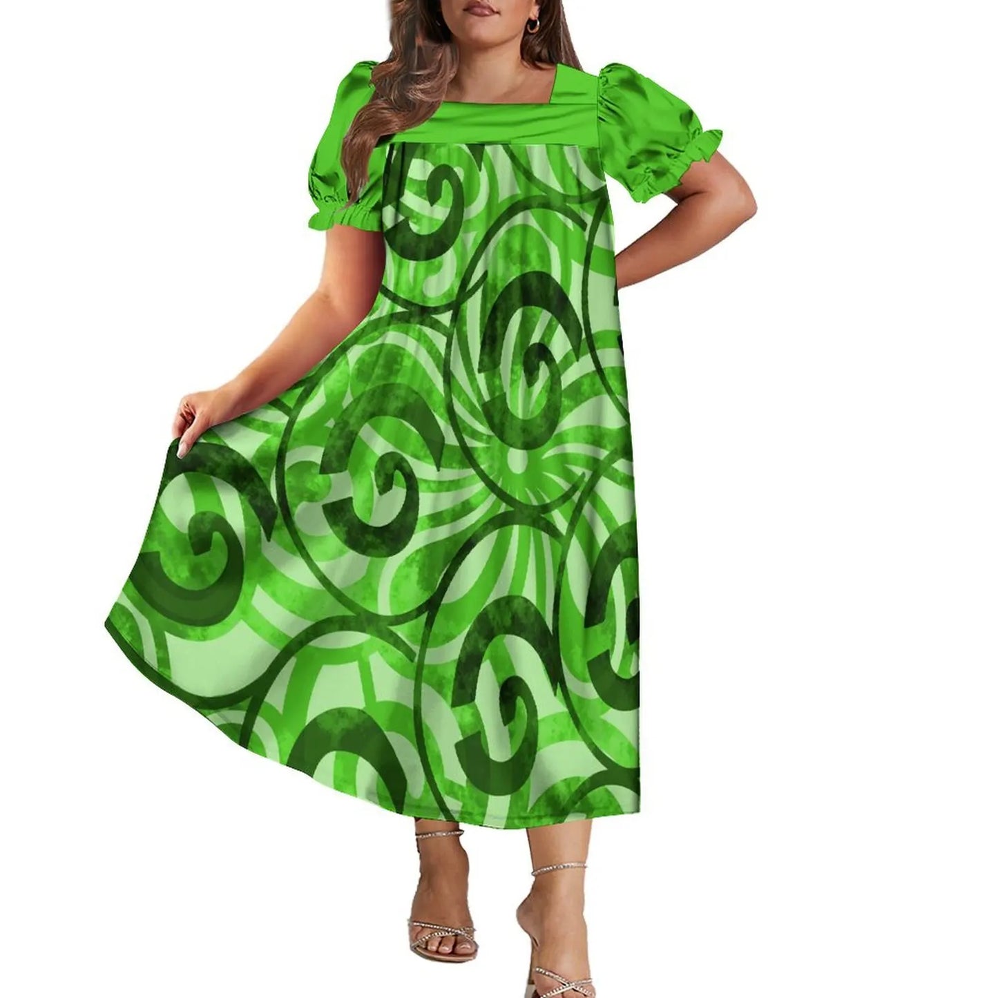 Women's Short-Sleeve Puff Sleeve Square Neck Midi Dress