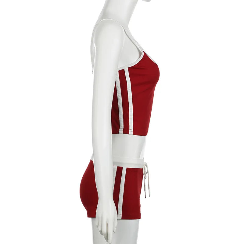 Women's Y2K Summer 2-Piece Short Set - Backless Letter Embroidery Camisole & Elastic Drawstring Shorts