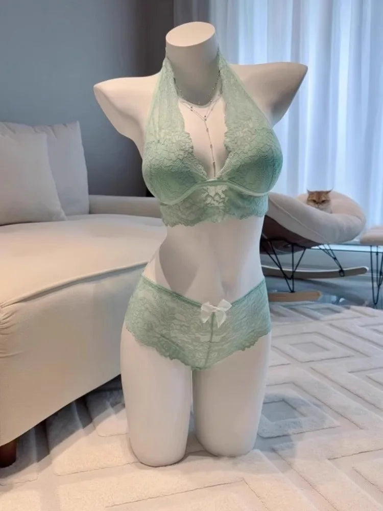 Mint Green Halter Wireless Lace Lingerie Set