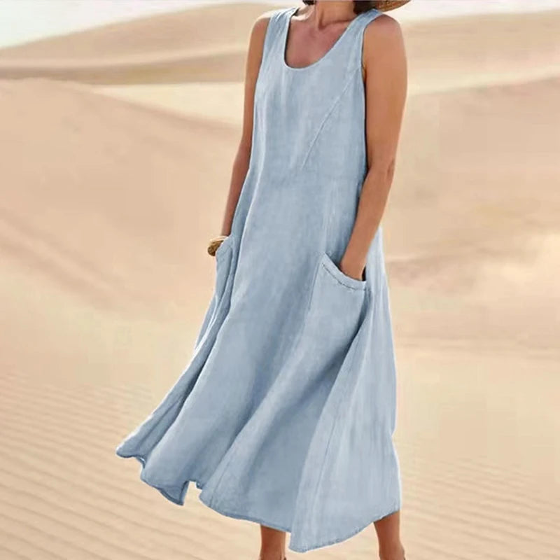 Women's Summer Cotton Linen Sleeveless Loose Maxi Dress with Pockets