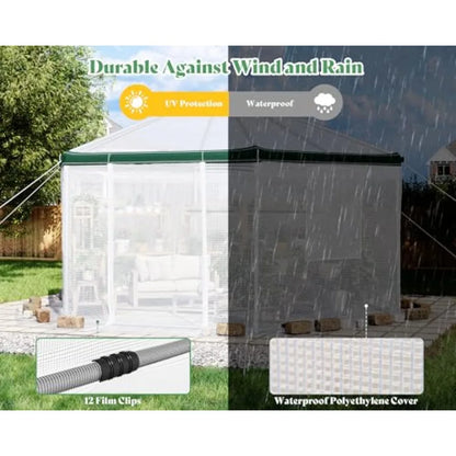 13.5x13.5x9FT Hexagonal Walk-in Greenhouse Heavy-Duty with Windbreak Ropes Waterproof PE Cover Ground Stakes