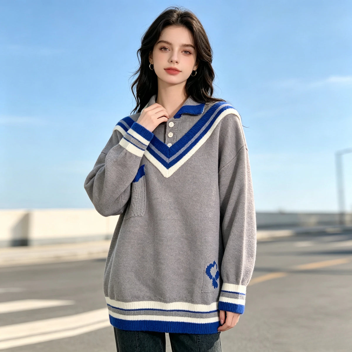 Women’s College Style Spliced Polo Collar Knitted Sweater