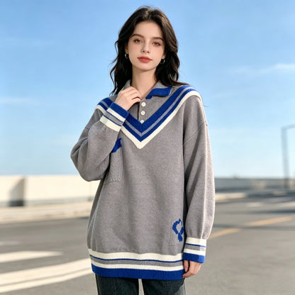 Women’s College Style Spliced Polo Collar Knitted Sweater