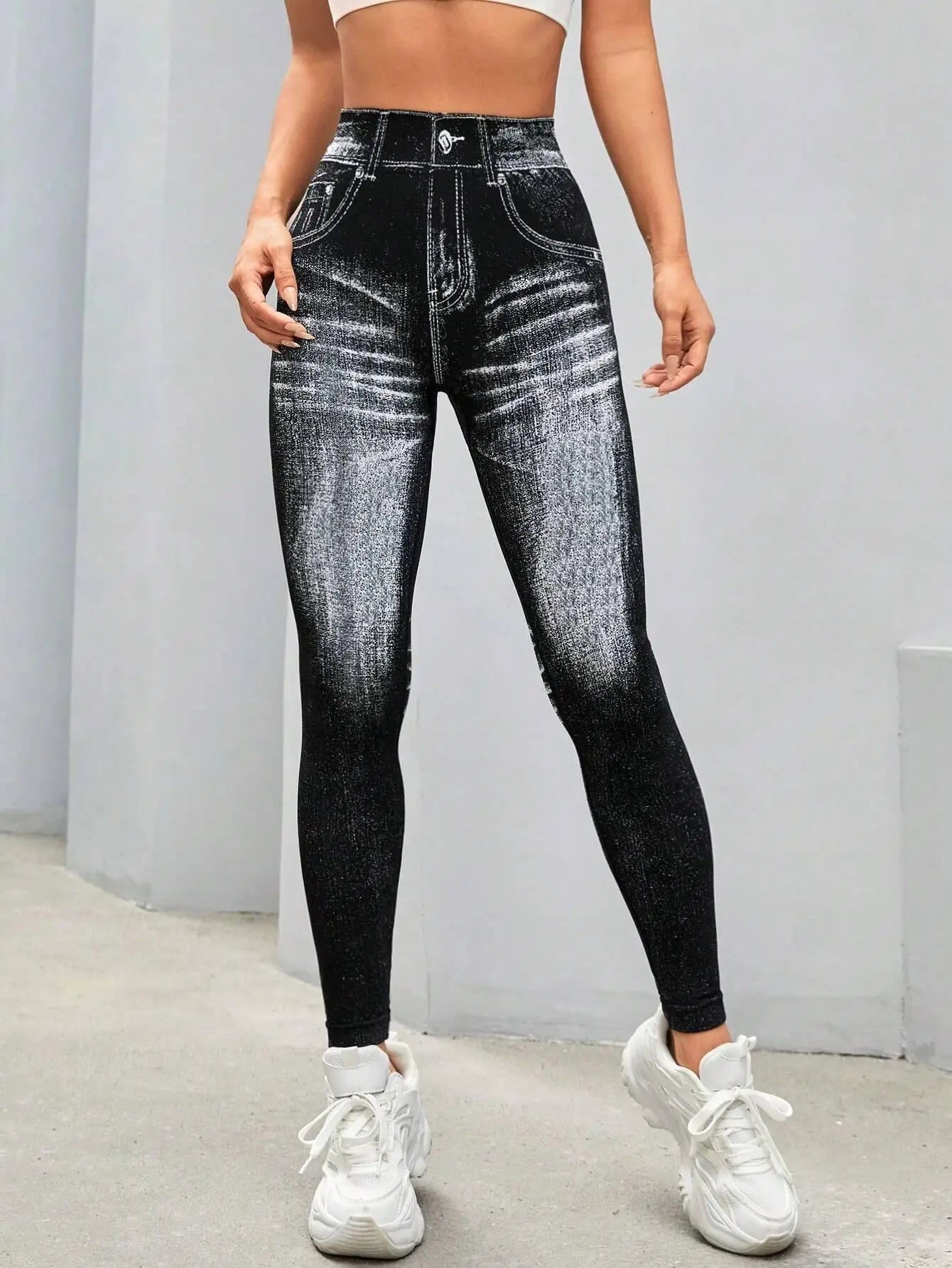 Women's V-Back High-Waisted Faux Denim Jeggings – Tummy Control & Booty Lifting