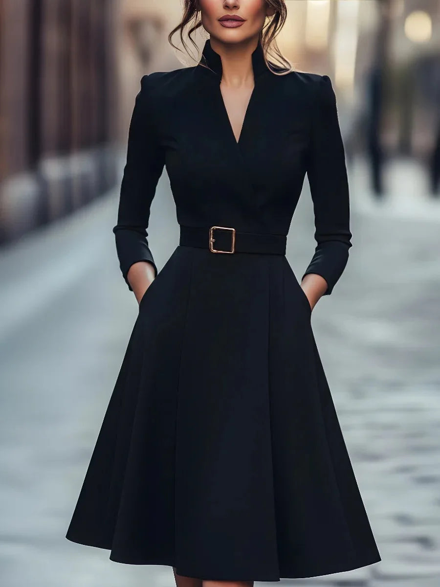 Solid Color V-neck A-line Belted Waist Dress