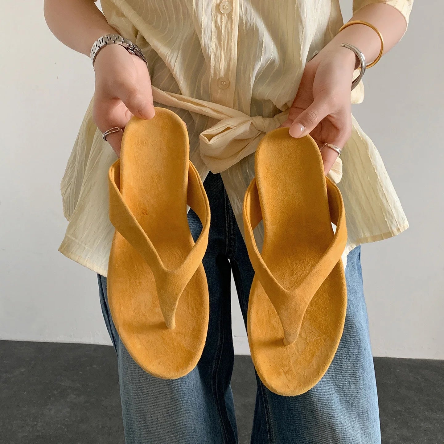 Women's Genuine Sheepskin Suede T-Strap Flat Flip Flop Sandals