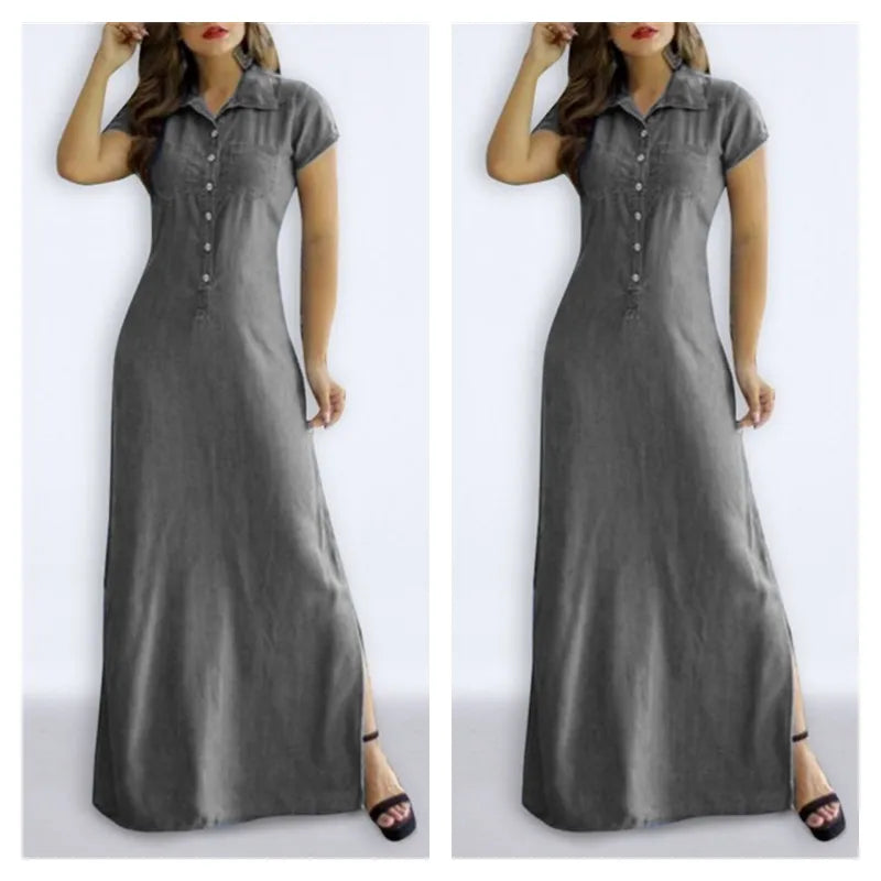 Cross Border Long Dress Shirt Collar Split Pocket Large Swing Dress