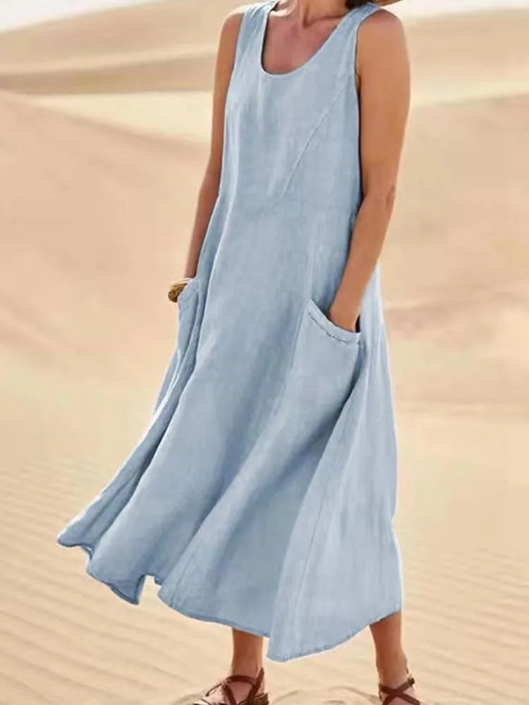 Cotton Linen Sleeveless Double Big Pocket Loose Dress