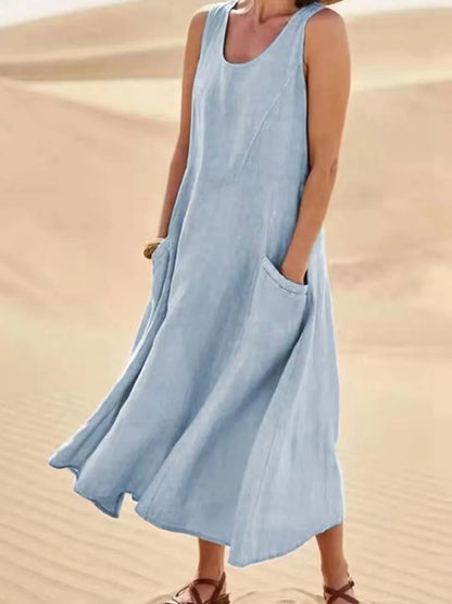 Cotton Linen Sleeveless Double Big Pocket Loose Dress