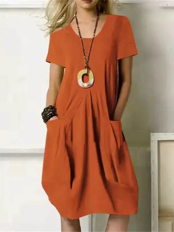Women’s Cotton Linen Short-Sleeve Midi Dress – Casual Summer Dress with Pockets