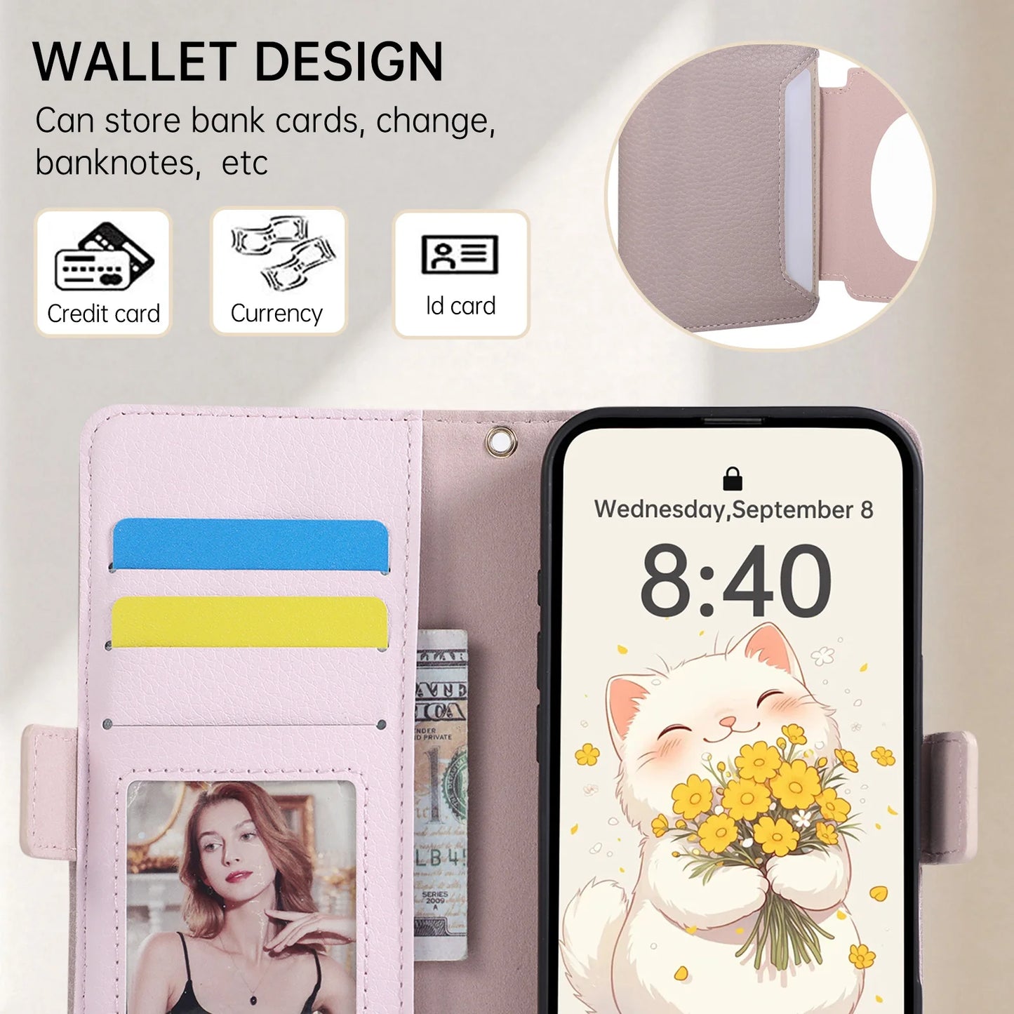 Cat Shape Litchi Leather Flip Wallet Phone Case with Mirror for iPhone