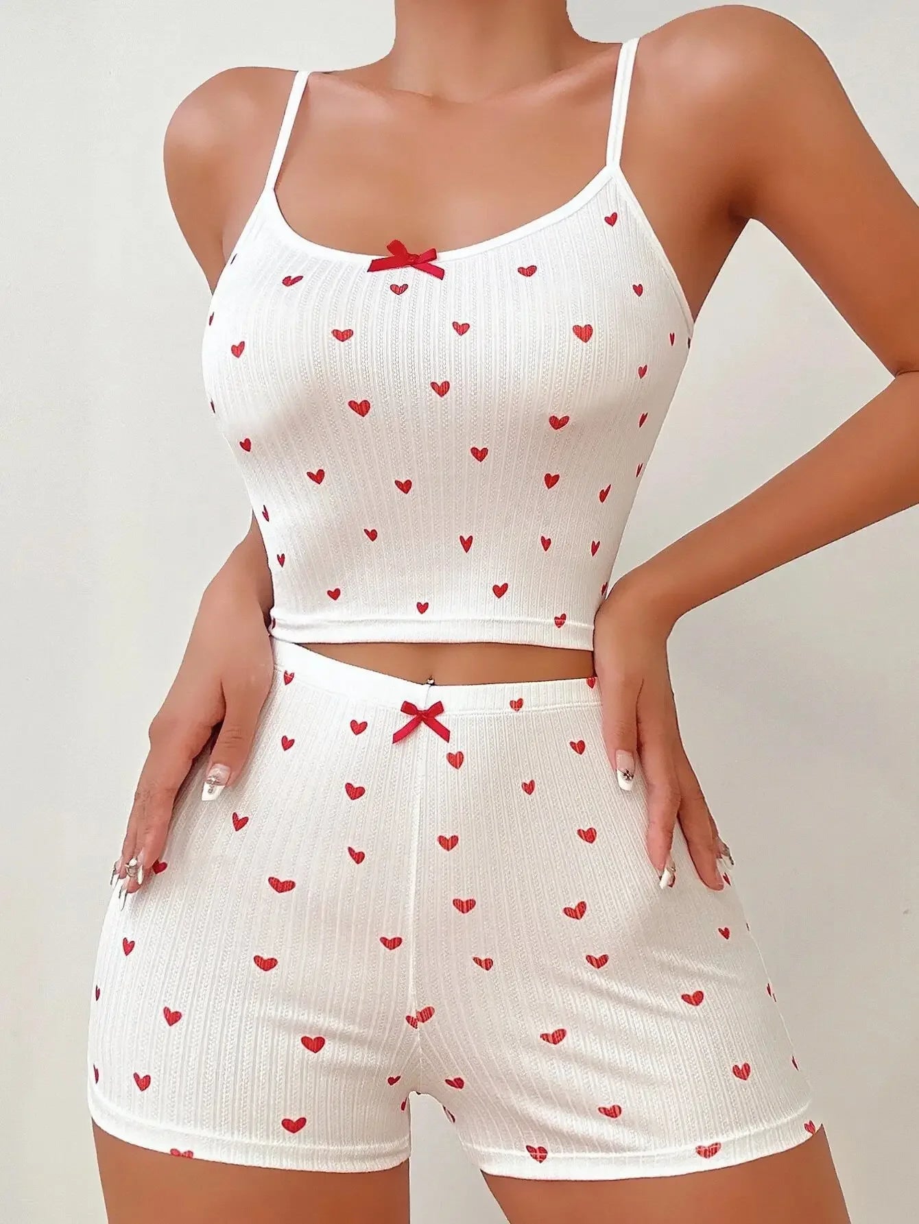 Heart Print Casual Backless Crop Cami Top & High Waist Shorts 2Pce Loungewear Set