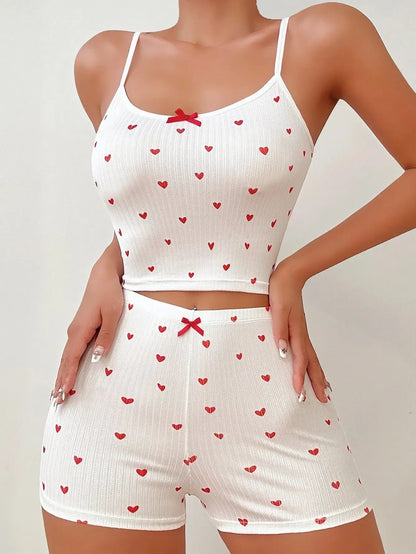 Heart Print Casual Backless Crop Cami Top & High Waist Shorts 2Pce Loungewear Set