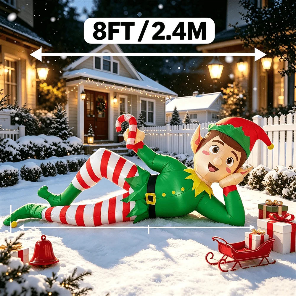 8FT Christmas Inflatable Lying Elf with Candy Cane