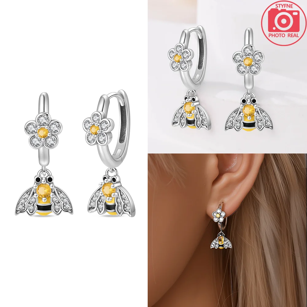 925 Sterling Silver Dancing Bee Hoop Earrings – Cute Enamel Zircon Jewelry