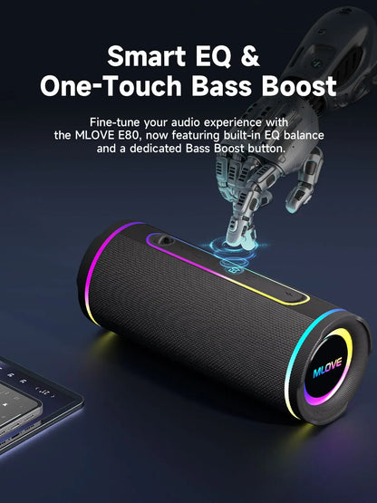 MLOVE E80 Portable Bluetooth Speaker – Powerful Dual Sound, Colorful RGB Lighting, Fully Waterproof (IPX7), TWS Enabled