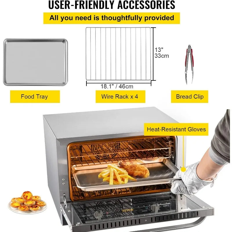 VEVOR Countertop 47L/43Qt, Half-Size Commercial Conventional Oven 1600W 4-Tier Toaster w/Front Glass Door