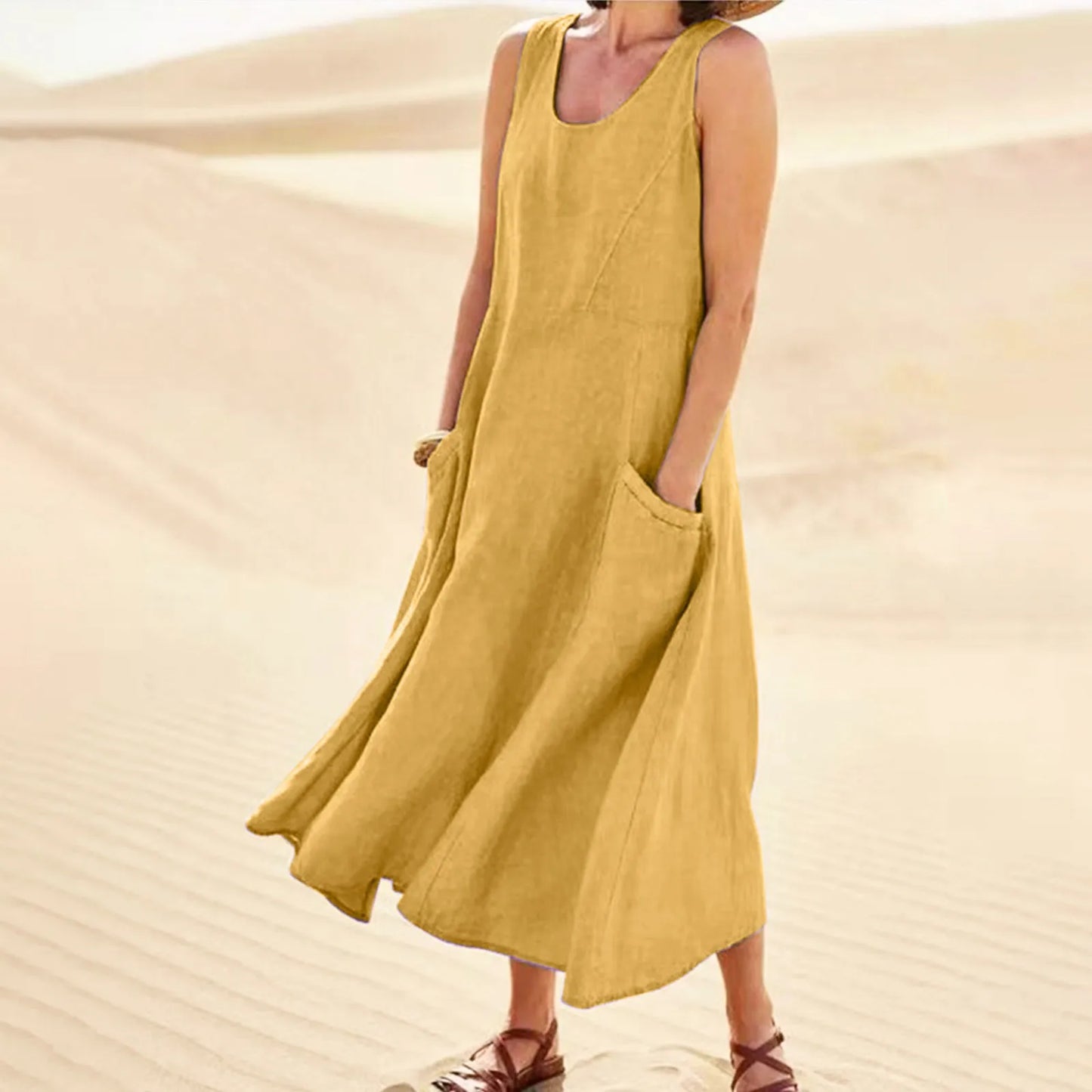 Women's Casual Sleeveless Cotton Linen Long Maxi Dress with Pockets