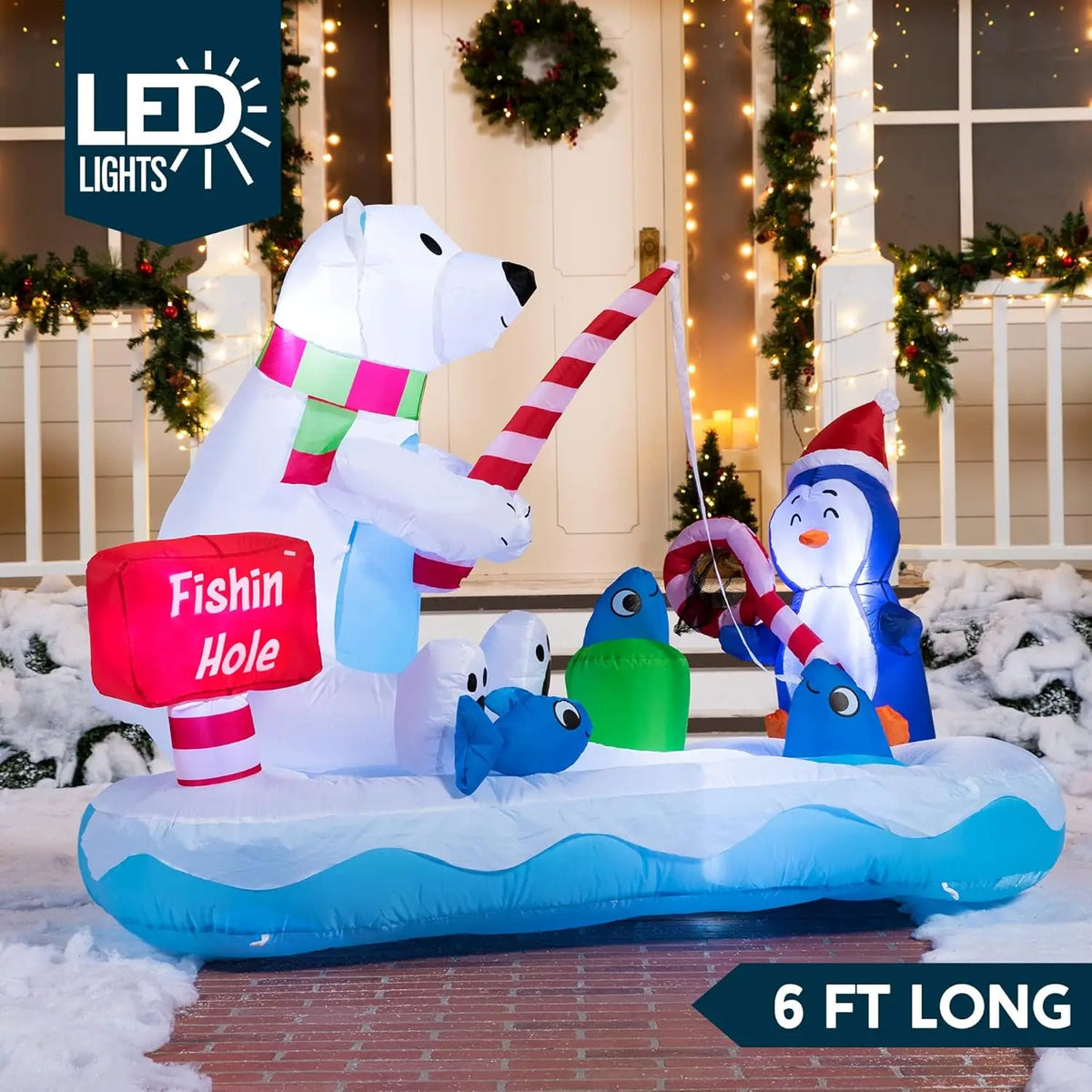 6 FT Long Christmas Inflatable Penguin & Polar Bear Fishing Yard Decoration