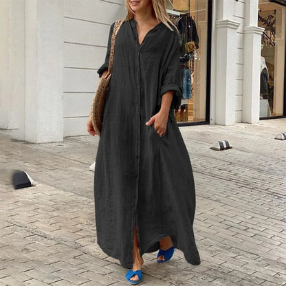 Women’s Casual Cotton-Linen Blend Maxi Dress – Loose Fit Floor-Length Shirt Dress with Pockets