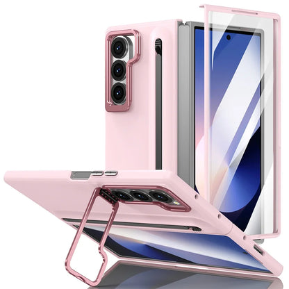 Samsung Galaxy Z Fold Metal Lens Stand Case with S Pen Holder & Tempered Glass Screen Protector