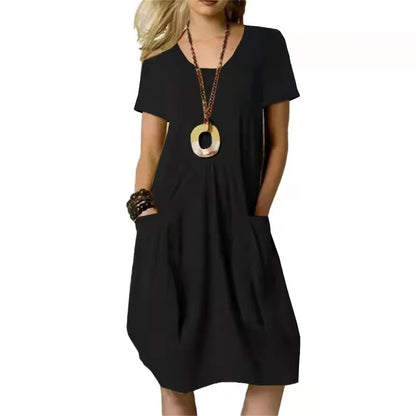 Women’s Cotton Linen Short-Sleeve Midi Dress – Casual Summer Dress with Pockets