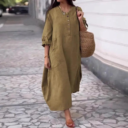 Women's Loose Cotton Linen Long Sleeve Maxi Dress with Pockets