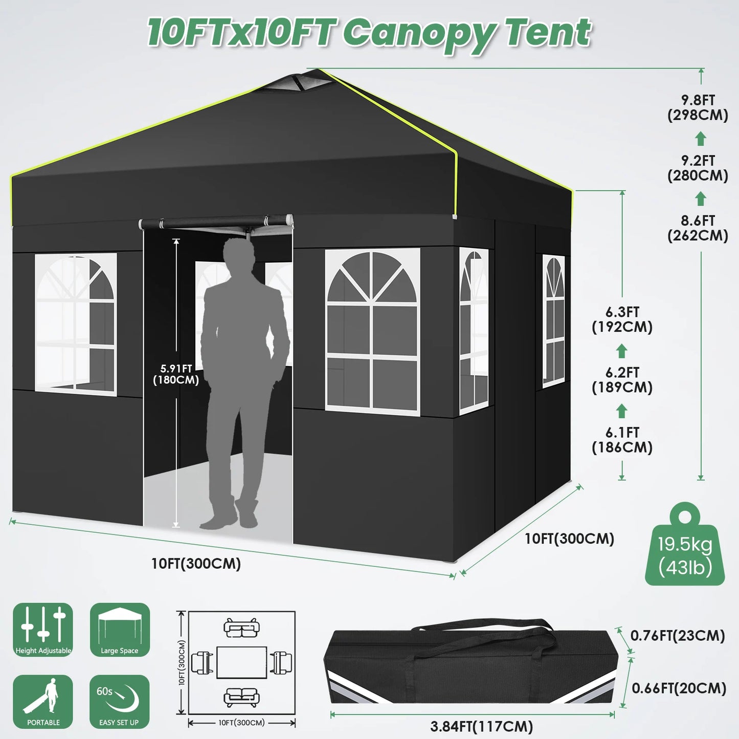 COBIZI 10x10FT Pop Up Canopy Tent with 4 Removable Sidewalls