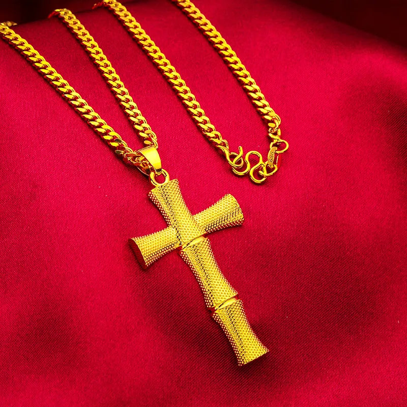 24K Gold AU999 Cross Pendant Necklace - Fine Religious Faith Jewelry