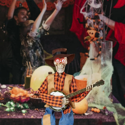 Animated Banjo Playing Skeleton Scarecrow Halloween Decor
