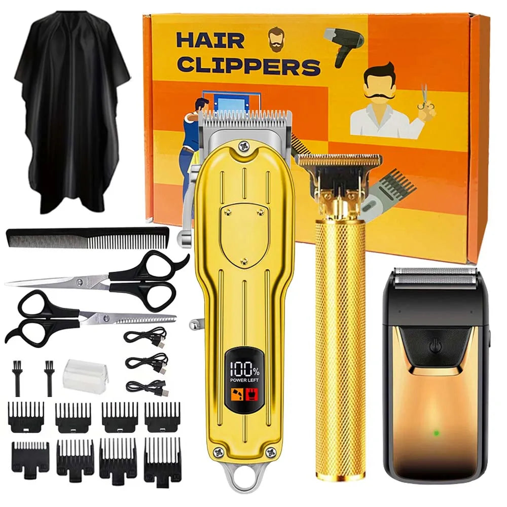 Professional Cordless Hair Clipper & Trimmer Set – USB Rechargeable Grooming Kit with LCD Display