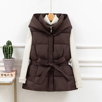 Women's Quilted Puffer Vest - Belted Warm Winter Hooded Sleeveless Coat