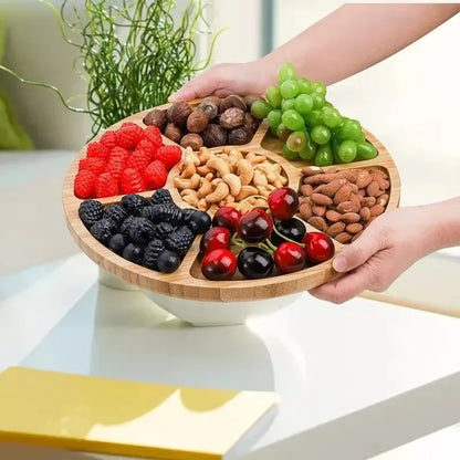 Round Bamboo Divided Serving Tray with 5 Compartments