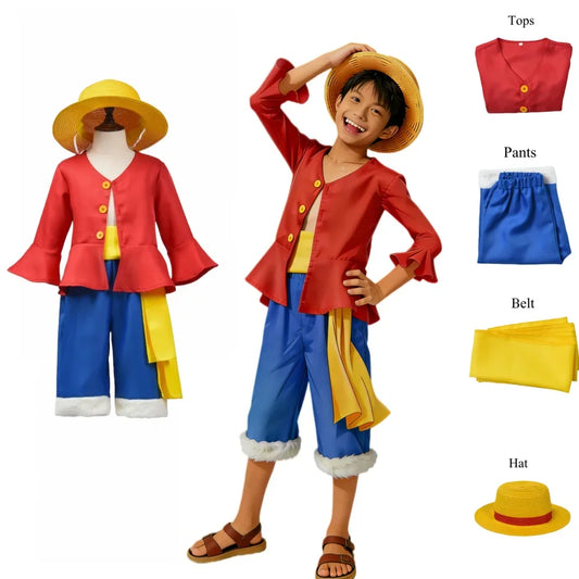 Kids' Anime Luffy Cosplay Costume Set with Straw Hat