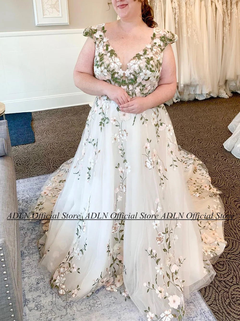 Plus Size Floral V-Neck A-Line Wedding Dress with Court Train
