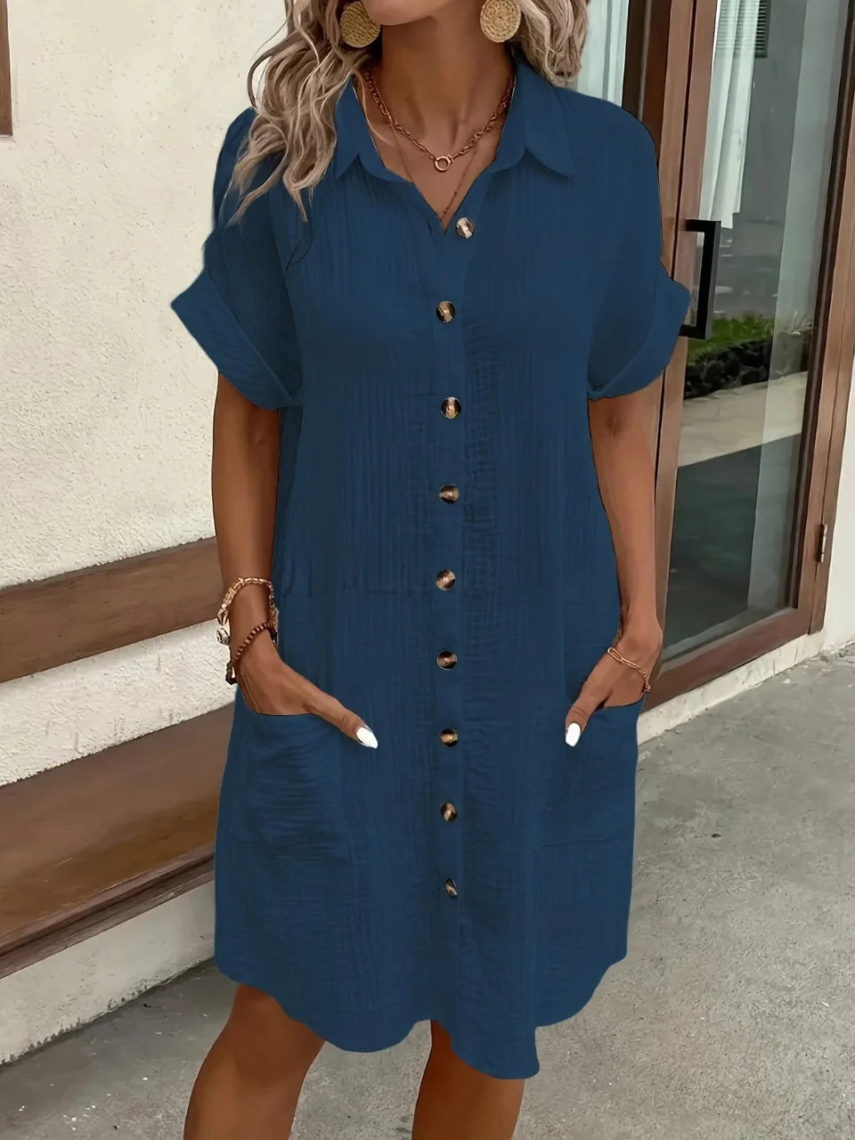 V-Neck Single-Breasted Mini Dress - Casual Loose Fit Short Sleeve Summer Dress