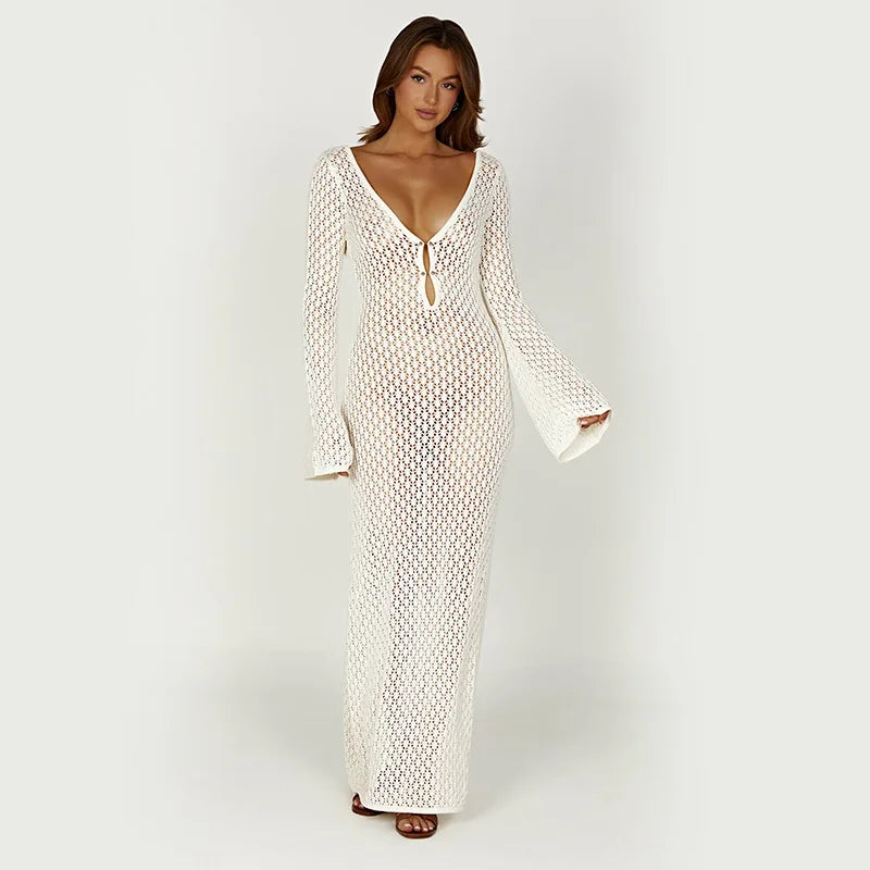 Women's Deep V-Neck Backless Knit Beach Cover-Up Dress