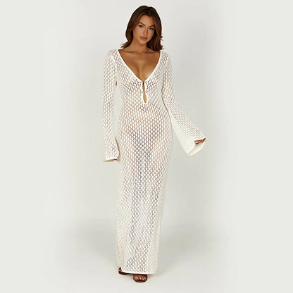 Women's Deep V-Neck Backless Knit Beach Cover-Up Dress