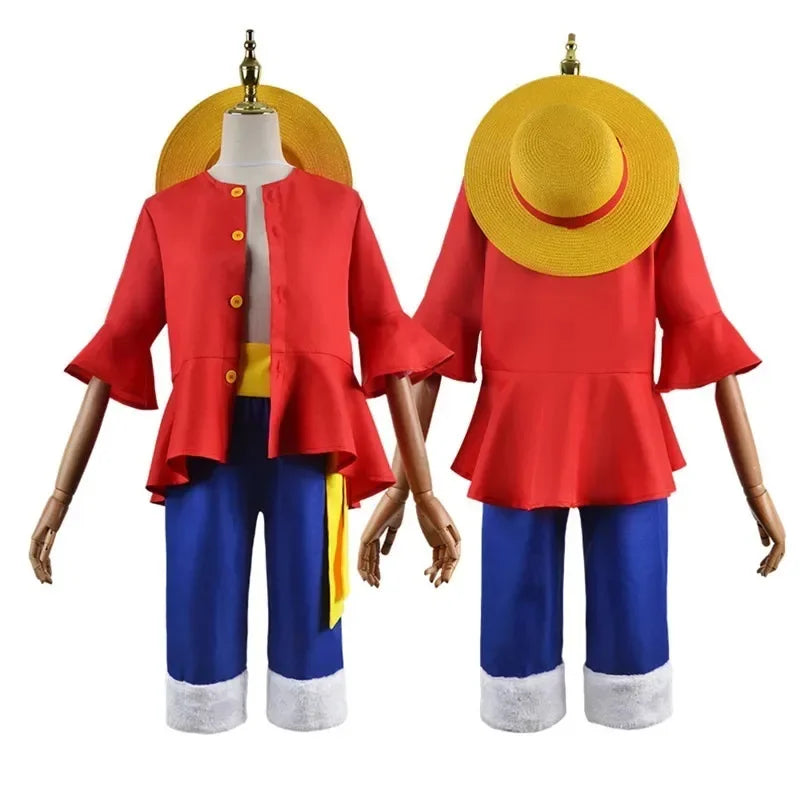 Kids' Anime Luffy Cosplay Costume Set with Straw Hat
