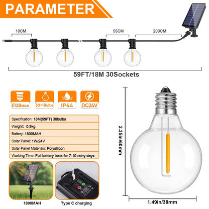 G40 Outdoor Solar String Lights with Remote & Shatterproof Bulbs