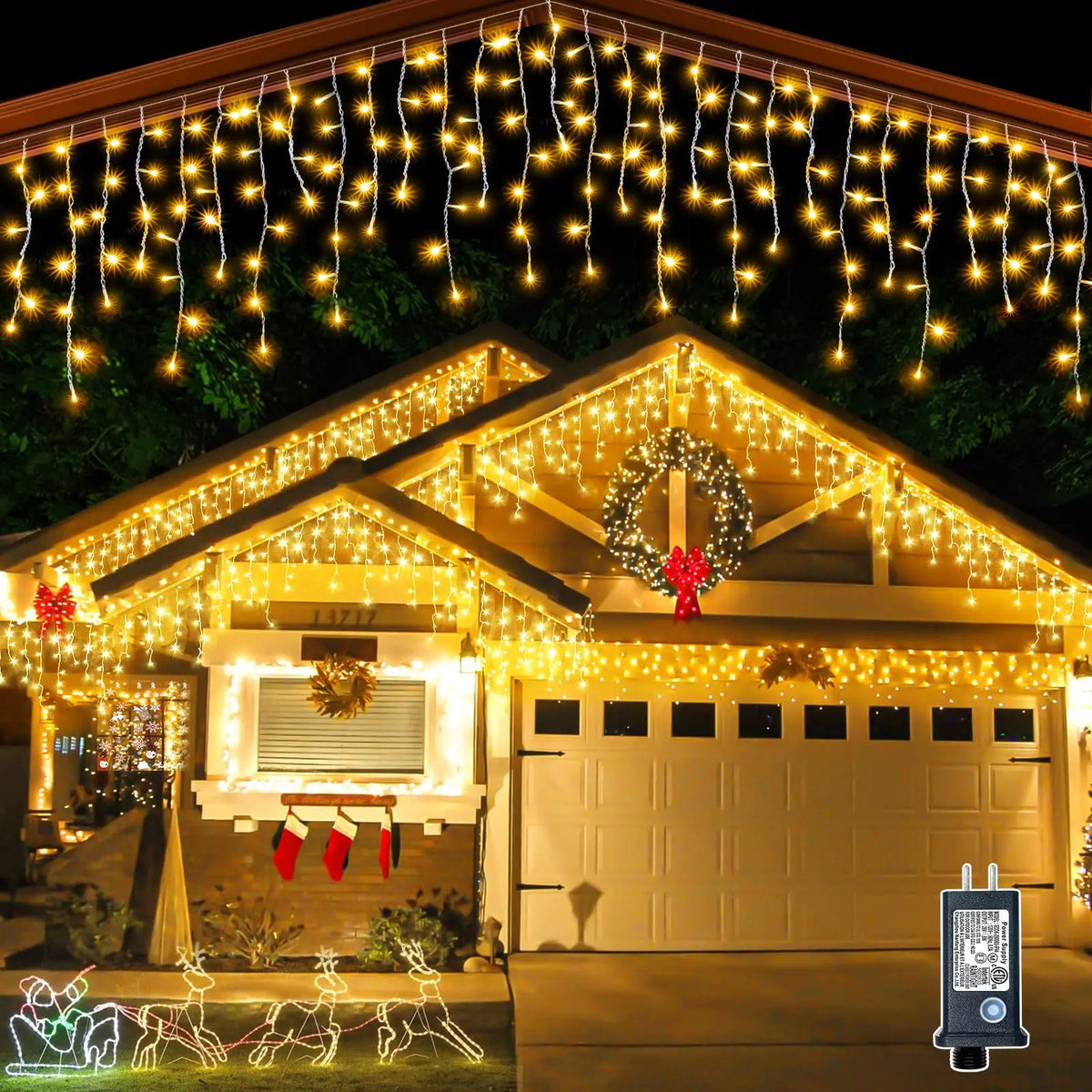 Outdoor LED Icicle Curtain Lights - Waterproof Fairy String Lights with White Flash Effect