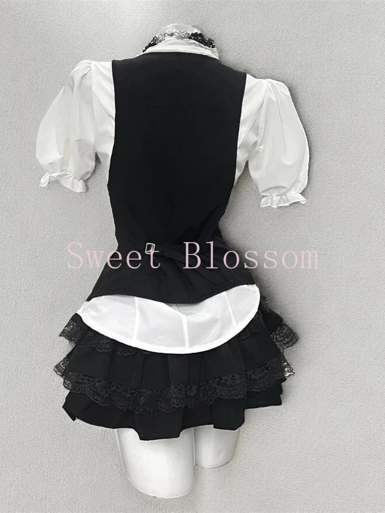 Retro Chic Bubble Sleeve Shirt + Slim Vest + Short Cake Skirt 3 Piece Set