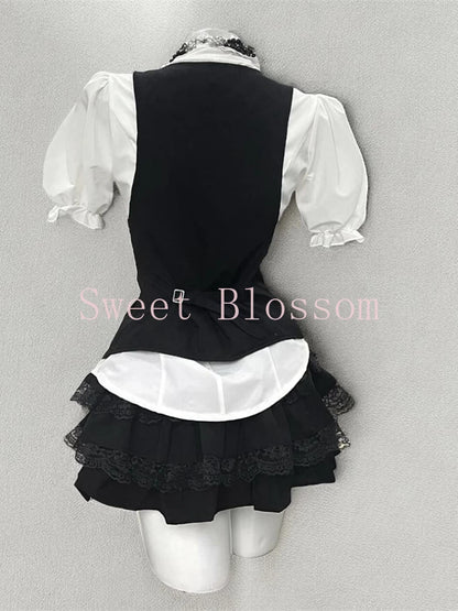 Retro Chic Bubble Sleeve Shirt + Slim Vest + Short Cake Skirt 3 Piece Set