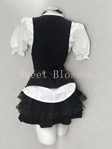 Retro Chic Bubble Sleeve Shirt + Slim Vest + Short Cake Skirt 3 Piece Set