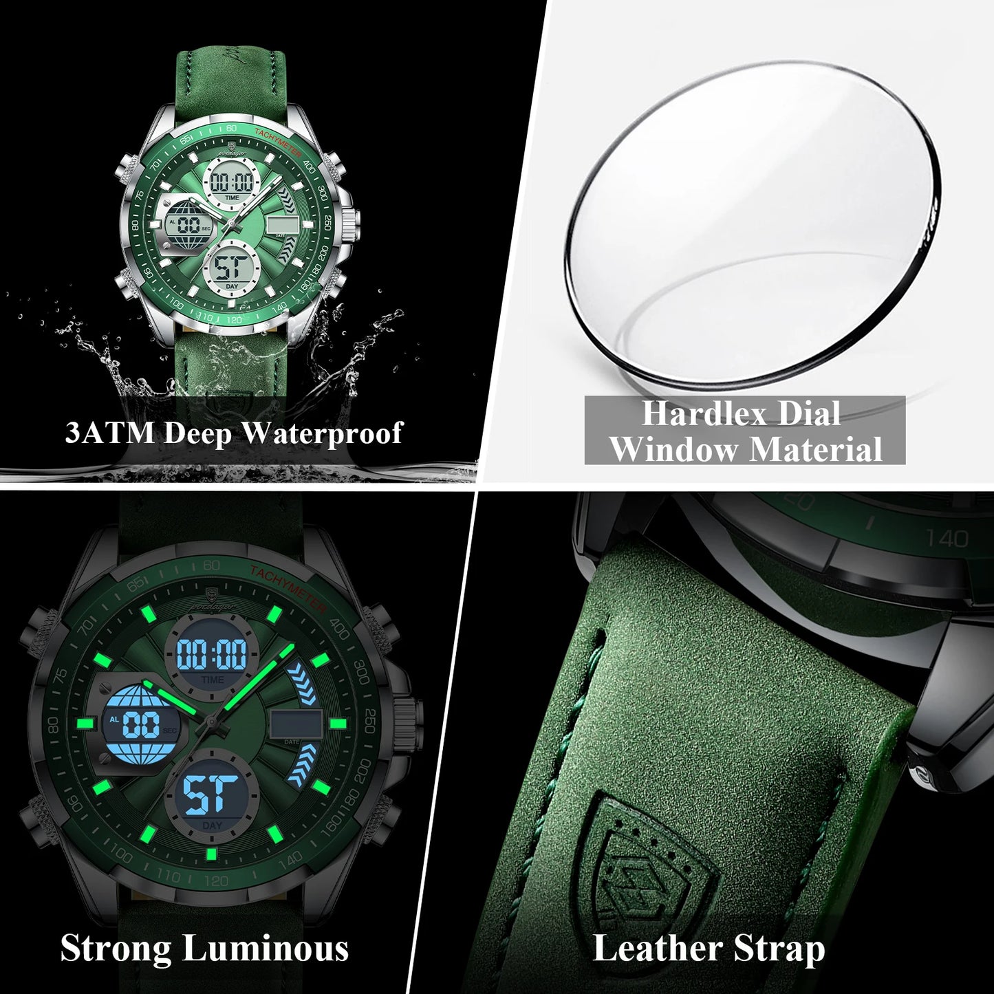 POEDAGAR LED Luminous Dual Time Display Digital Quartz Watch