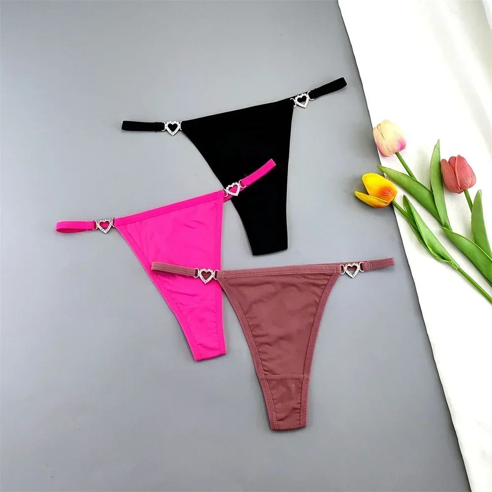 3Pcs Women's Seamless Ice Silk Thong Set - Low Waist Thin Strap G-String Panties with Rhinestone Buckle