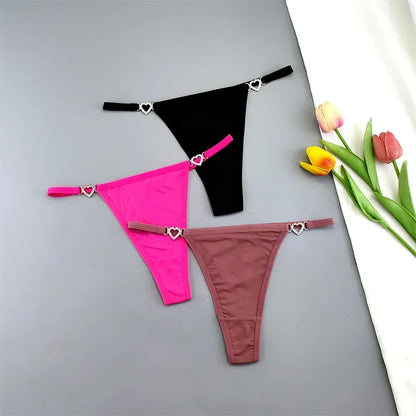 3Pcs Women's Seamless Ice Silk Thong Set - Low Waist Thin Strap G-String Panties with Rhinestone Buckle