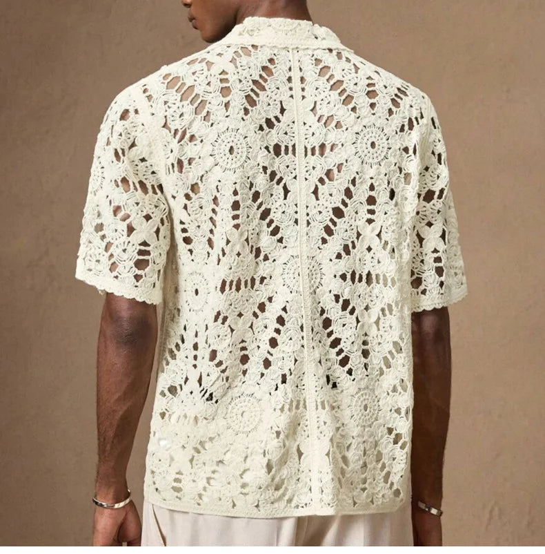 Men's Mesh Crochet Open Front Polo Shirt