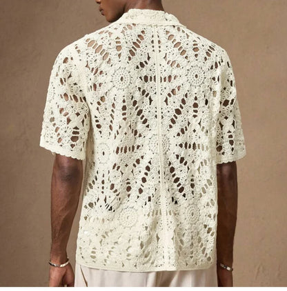 Men's Mesh Crochet Open Front Polo Shirt